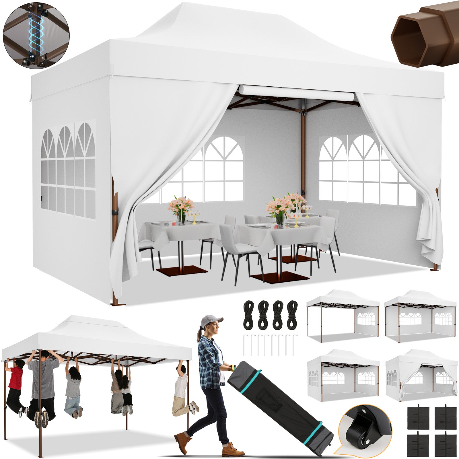 HOTEEL 10'x15' Heavy Duty Canopy Tent for Outside,Commercial Pop Up Gazebo with 4 Waterproof Walls,Hexagonal Frame & Roller Ba,Outdoor Weddings,Parties