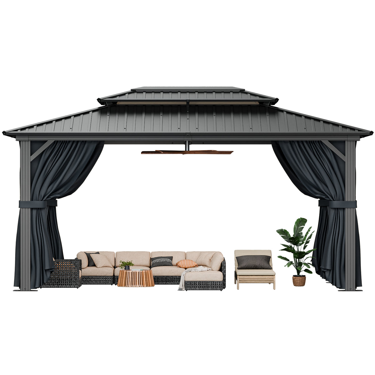 COBIZI 10'x15' Hardtop Gazebo with Heavy Duty Galvanized Steel Metal Roof, Patio Hard Top Gazebo with Curtains & Netting, Black SPC000274