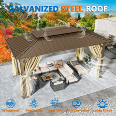 COBIZI 10'x15' Hardtop Gazebo with Heavy Duty Galvanized Steel Metal Roof, Patio Hard Top Gazebo with Curtains & Netting, Brown SPC000274