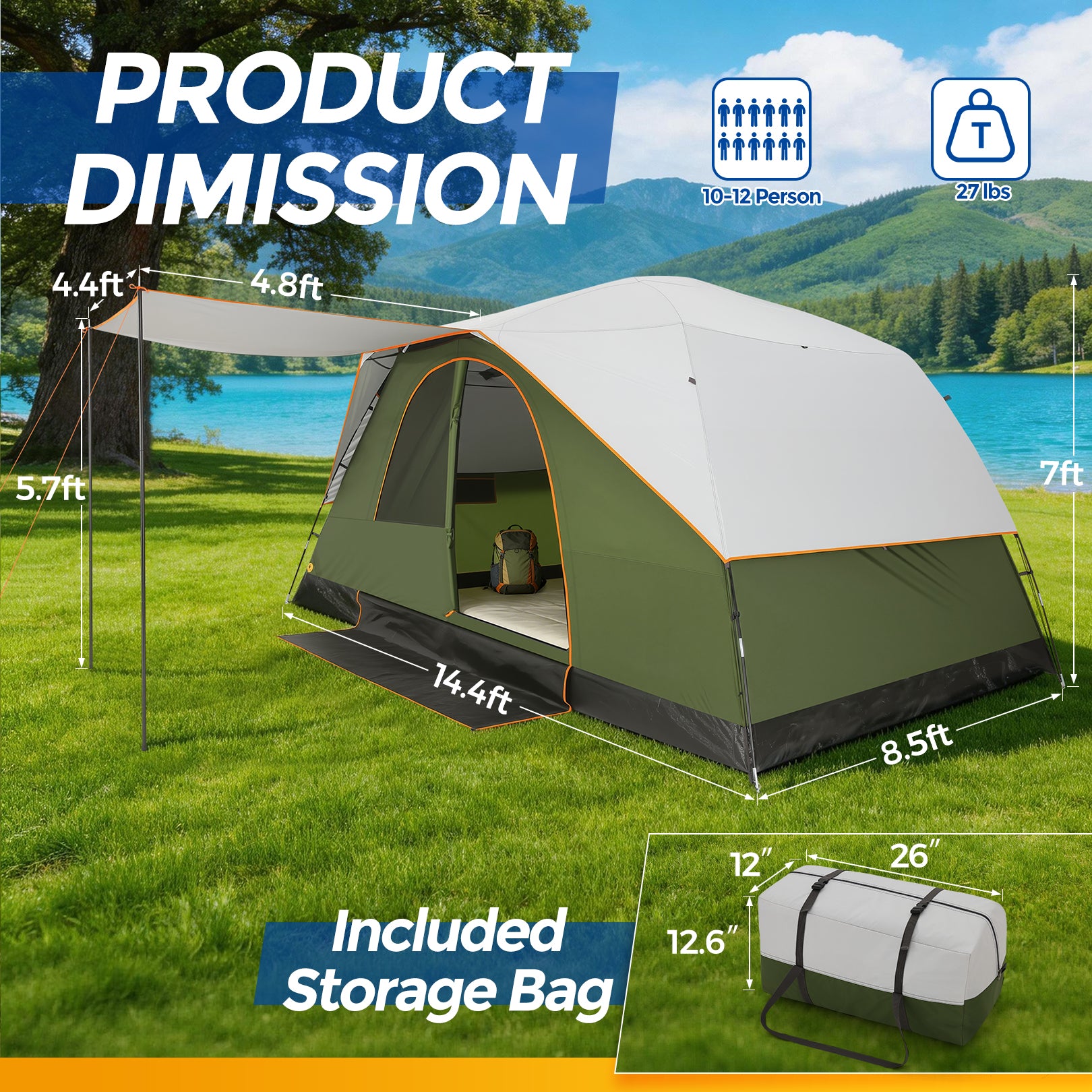 COBIZI 10-12 Person Family Camping Tent-Instant Setup Outdoor Tent 14.5'x8.5' SPC000295