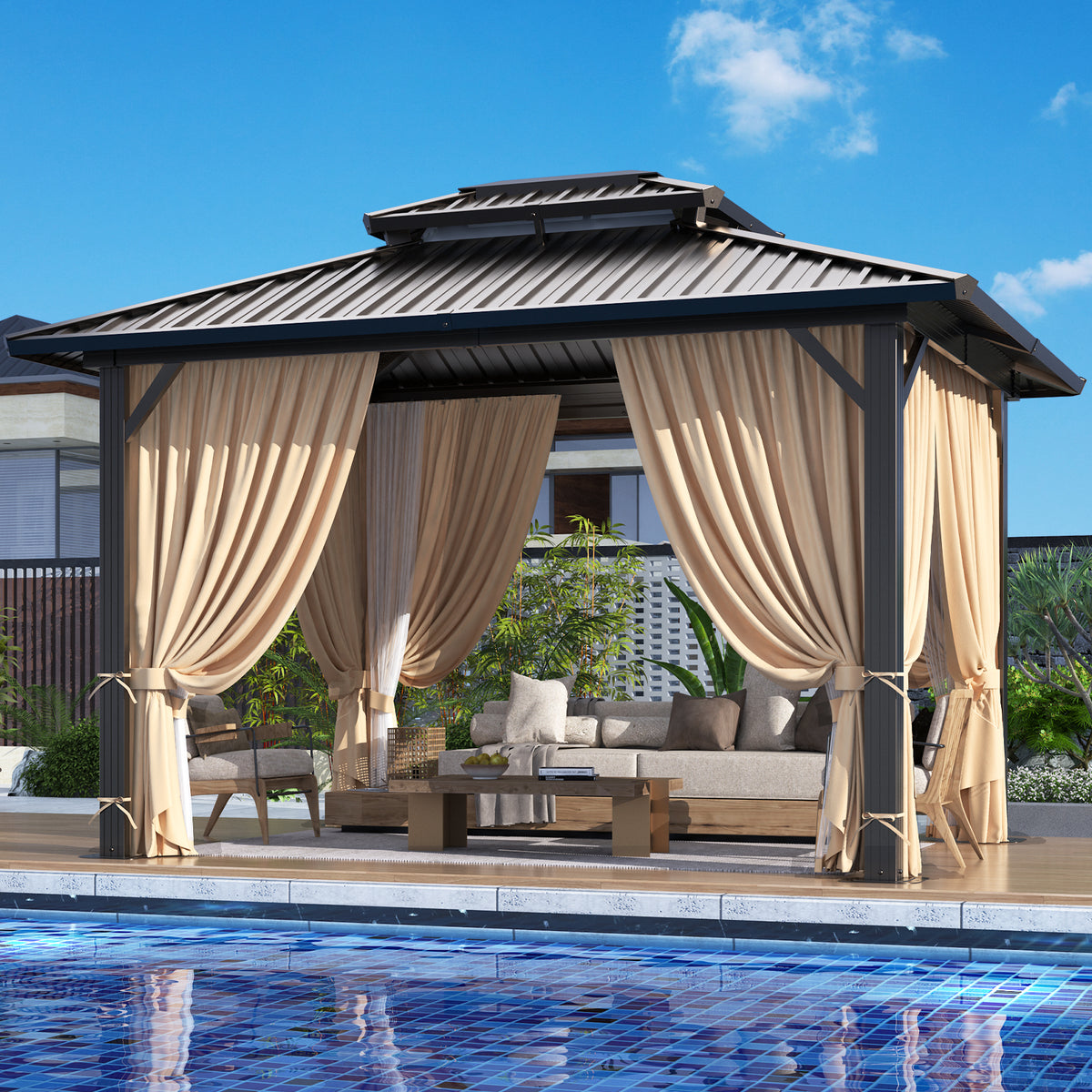 HOTEEL 12'x20' Hardtop Gazebo, Heavy Duty Outdoor Gazebo with Full-Colour Steel Tiles Double Roof, Flame-Retardant Curtains and Netting, Permanent Gazebo for Patio, Lawn and Backyard, Brown