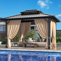 HOTEEL 10'x15' Hardtop Gazebo, Outdoor Steel Double Galvanized Roof Canopy, Aluminum Frame Permanent Pavilion Metal Gazebo with Curtains and Nettings, Sunshade for Patios, Gardens, Lawns, Black