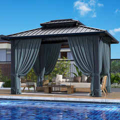 HOTEEL 10'x15' Hardtop Gazebo, Outdoor Steel Double Galvanized Roof Canopy, Aluminum Frame Permanent Pavilion Metal Gazebo with Curtains and Nettings, Sunshade for Patios, Gardens, Lawns, Black