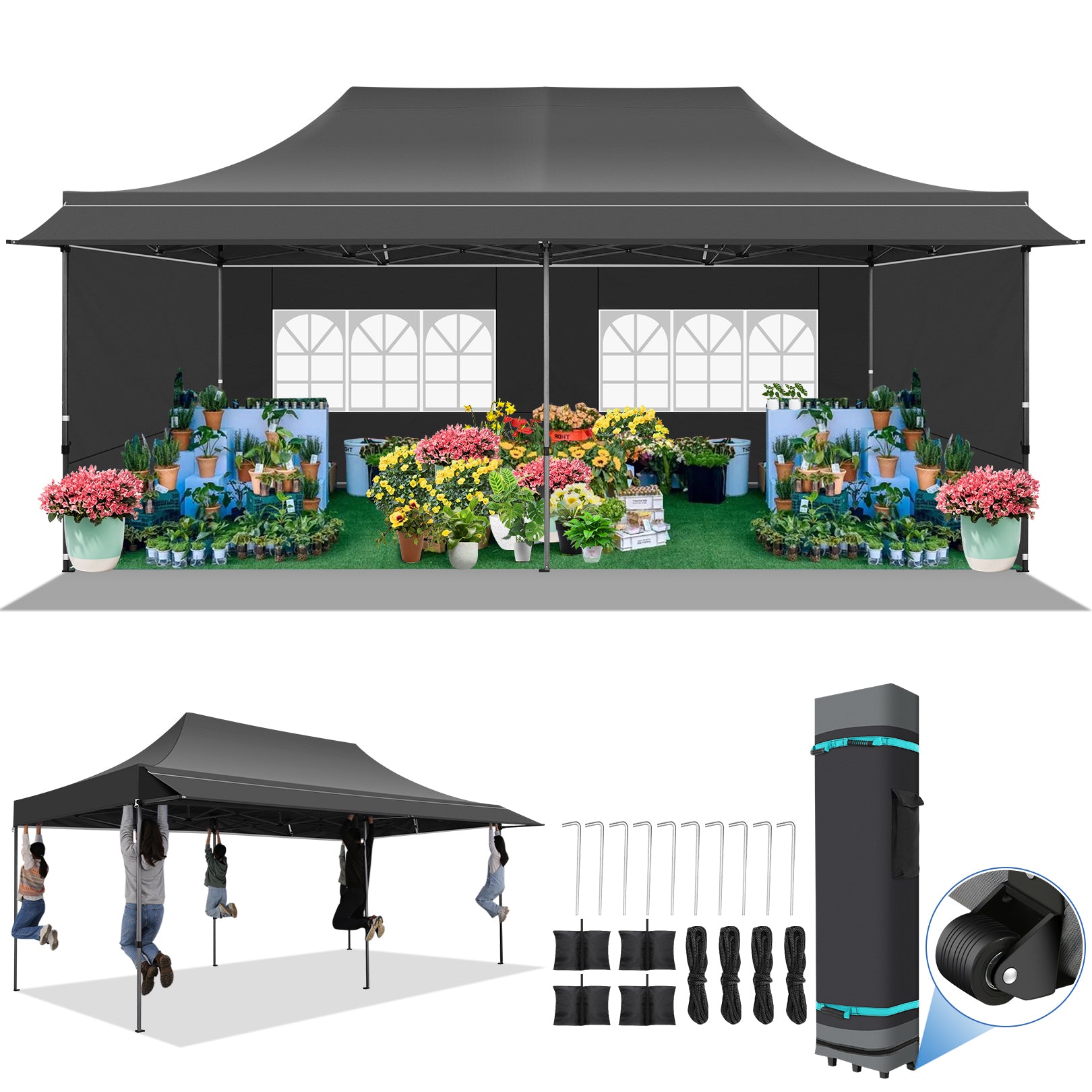 COBIZI 10X20 ft Canopy with Extended Awning, Heavy Duty EZ Pop up Folding Canopy Tent with Roller Bag, Rainproof&Sunproof Awning Gazebo Shelter for Party Events, Market, Vendor