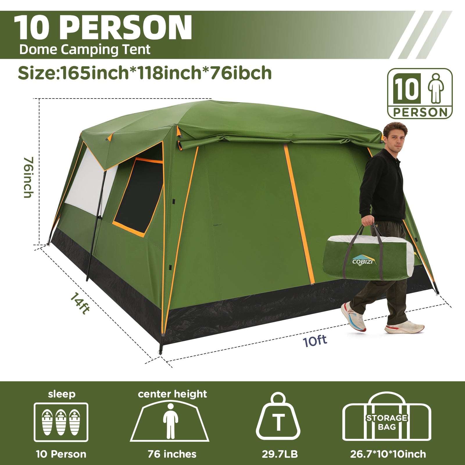 COBIZI 10 Person Large  2 Room Camping Tent With Removable Awning , 3 Minutes Instant Setup SPC269