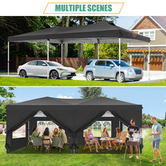 COBIZI 10' x 20' pop-up patio umbrella with side walls, waterproof canopy tent with reinforced poles, easy to set up, includes sandbags, suitable for backyards, camping, weddings, and more