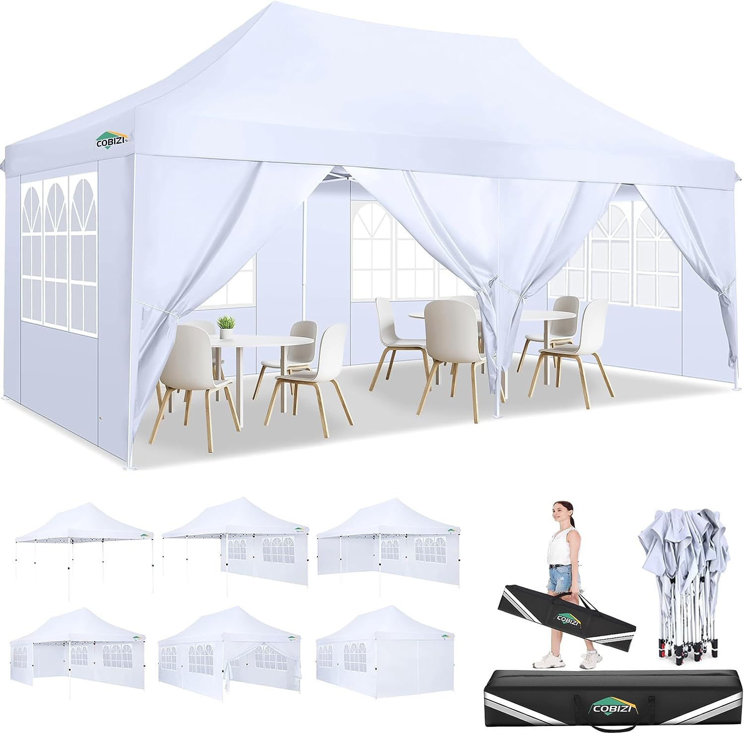 COBIZI 10x20ft Pop Up Canopy Tent with 6 Removable Sidewalls, Easy Up Commercial Canopy, Waterproof and UV50+ Gazebo with Portable Bag, Adjustable Leg Heights,Party Tents for Parties