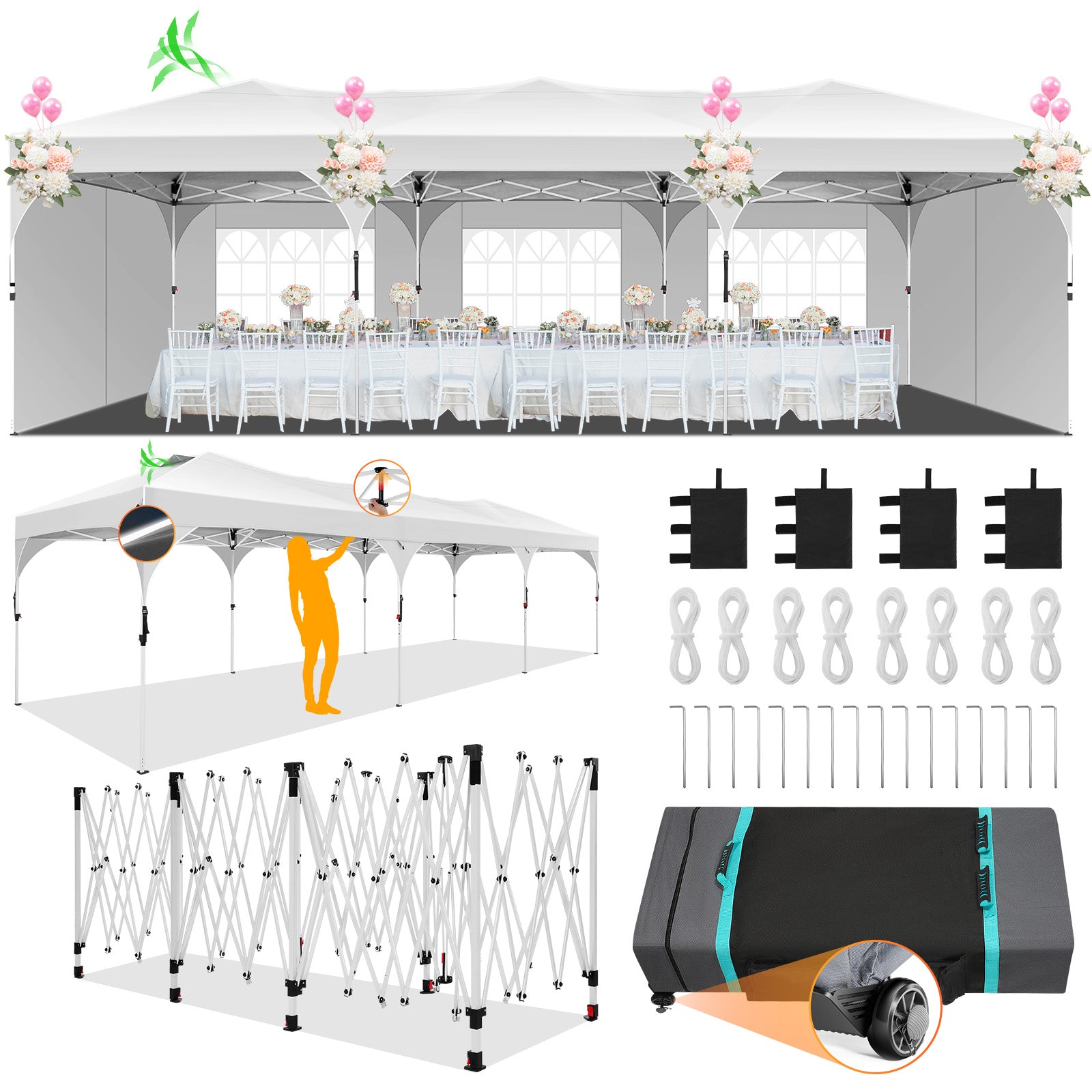 HOTEEL 10x30 Ez Up Pop Up Canopy Tent, Party Tents with One Push Central Button Air Vent, Instant Canopy Tent with Sidewalls & Reflective Strip