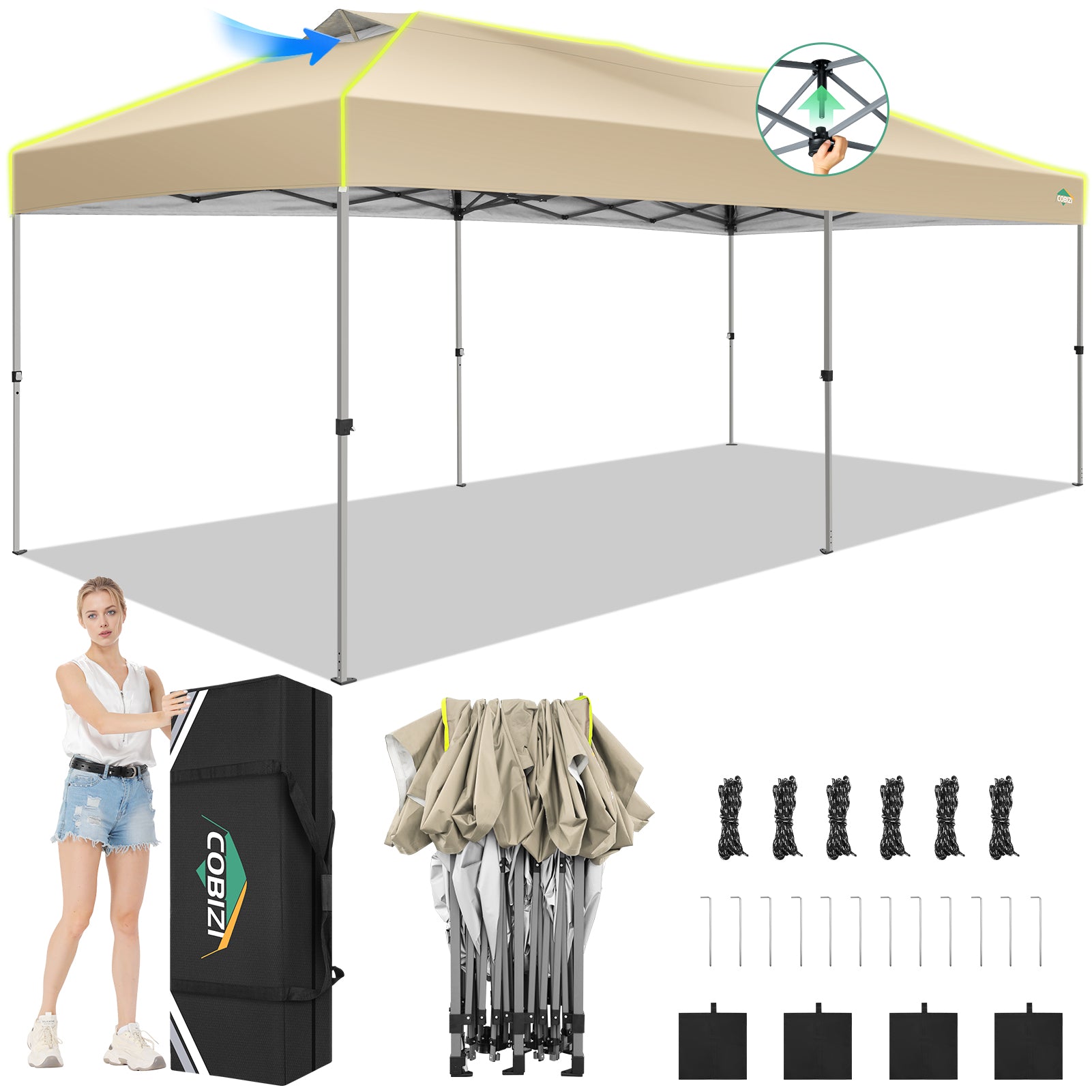 COBIZI 10'x20' Pop up Canopy Tent Easy up Canopy with Air Vent,Reflective Strip,4 Sandbags SPC000120