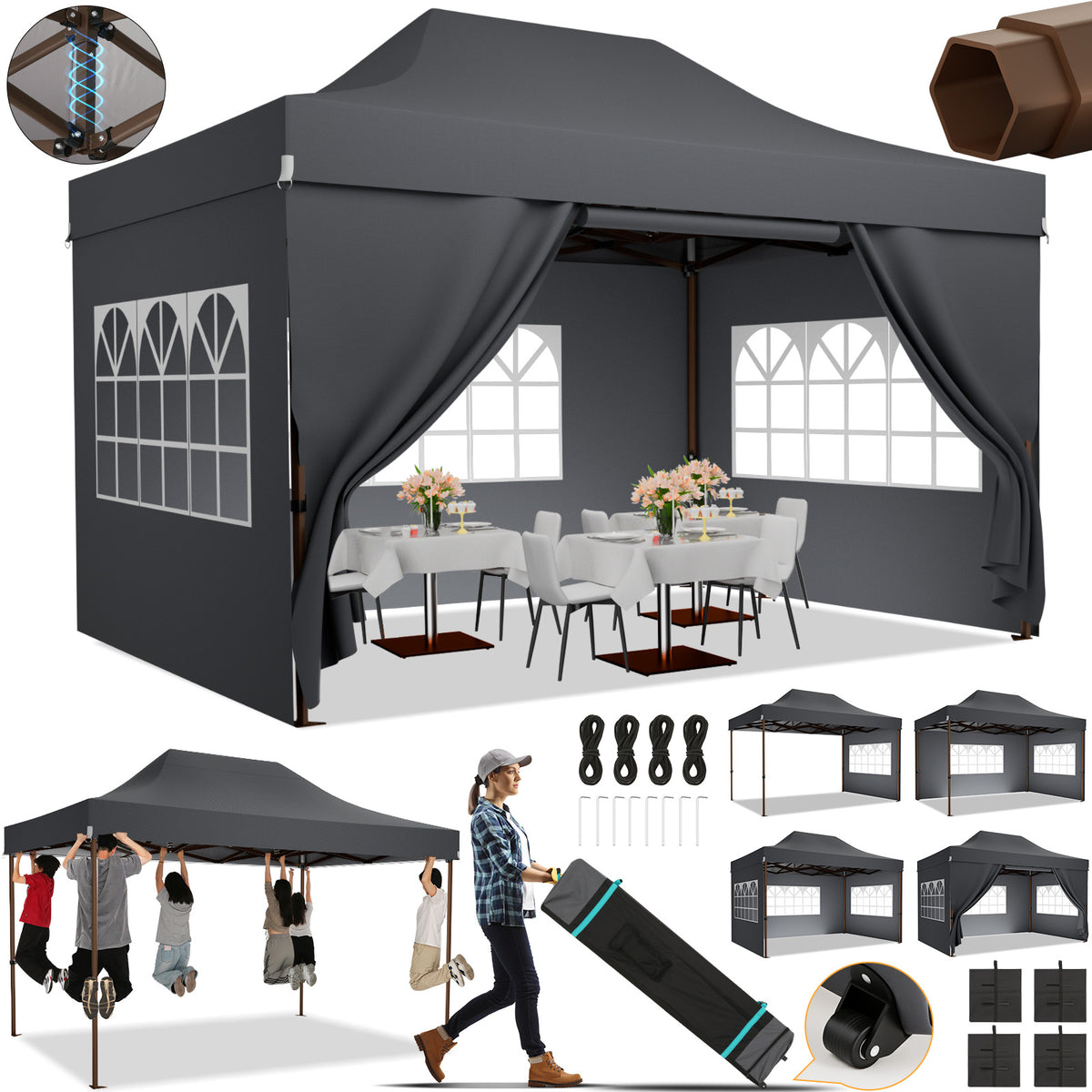 HOTEEL 13x26 Heavy Duty Pop Up Canopy,Instant Outdoor Gazebo with 6 Sidewalls, Commercial Grade Party Tent for Wedding Events, Hexagonal Frame,Black
