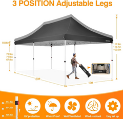 COBIZI 10x20 Pop Up Canopy Tent with 6 Removable Sidewalls, Easy Up Commercial Canopy with Upgrade Raised Roof, Waterproof and UV50+ Gazebo with Carry Bag, Black