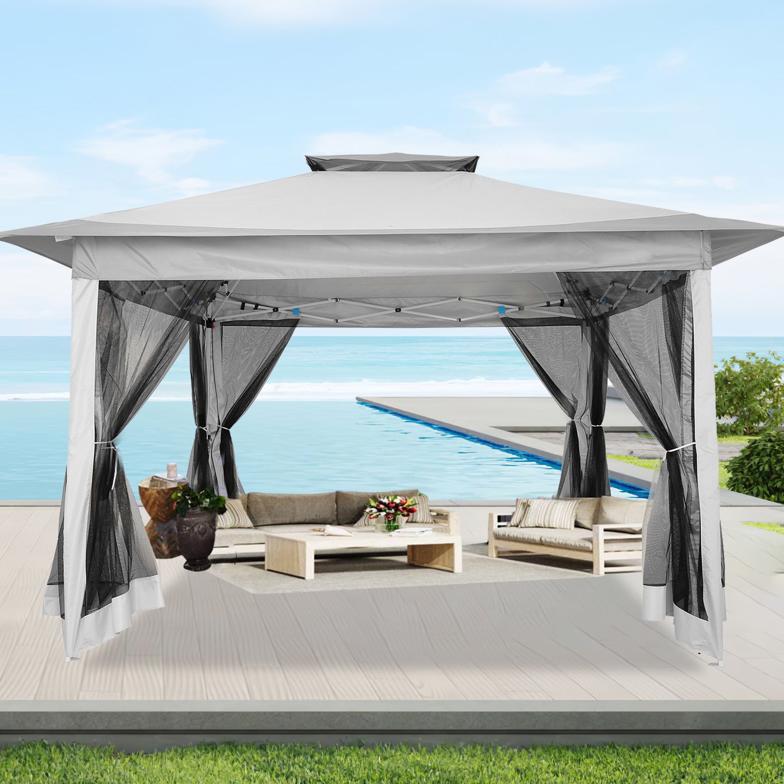 HOTEEL 12'x12' Pop Up Gazebo Patio Outdoor Canopy Tent with 8 Mosquito Nettings, Adjustable Height and 144 Square ft of Shade for Garden, Party, Backyard with Vented Top, Gray