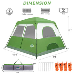 6-8 Person Camping Tent, Easy Setup Waterproof Windproof Backpacking Tent with Removable Rainfly, Lightweight Portable Outdoor Family Tents for Camping, Travel, Fishing, Hiking
