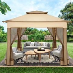 COBIZI 11‘x11'、12'x12' Outdoor Gazebo Pop Up Gazebo Canopy with Mosquito Netting Patio Tent Backyard Canopy with 2-Tiered Vented Top 3 Adjustable Height, Beige
