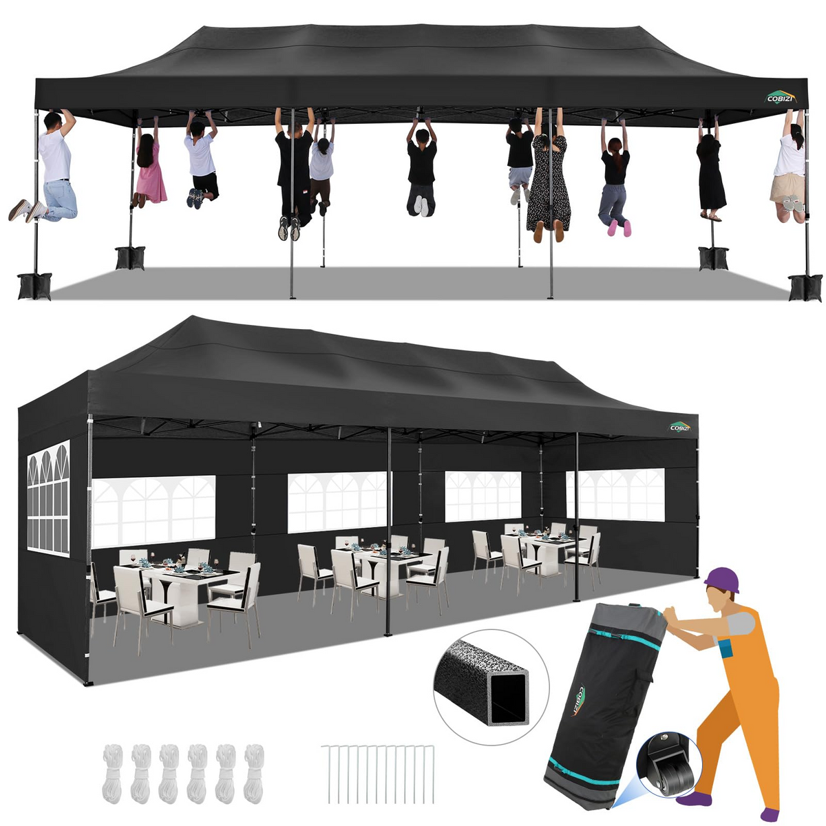 HOTEEL 10x30 Heavy Duty Canopy with 8 sidewalls, Outdoor Tents for Parties,Wedding,Commercial ,Pop Up Tent with Roller Bag,Black