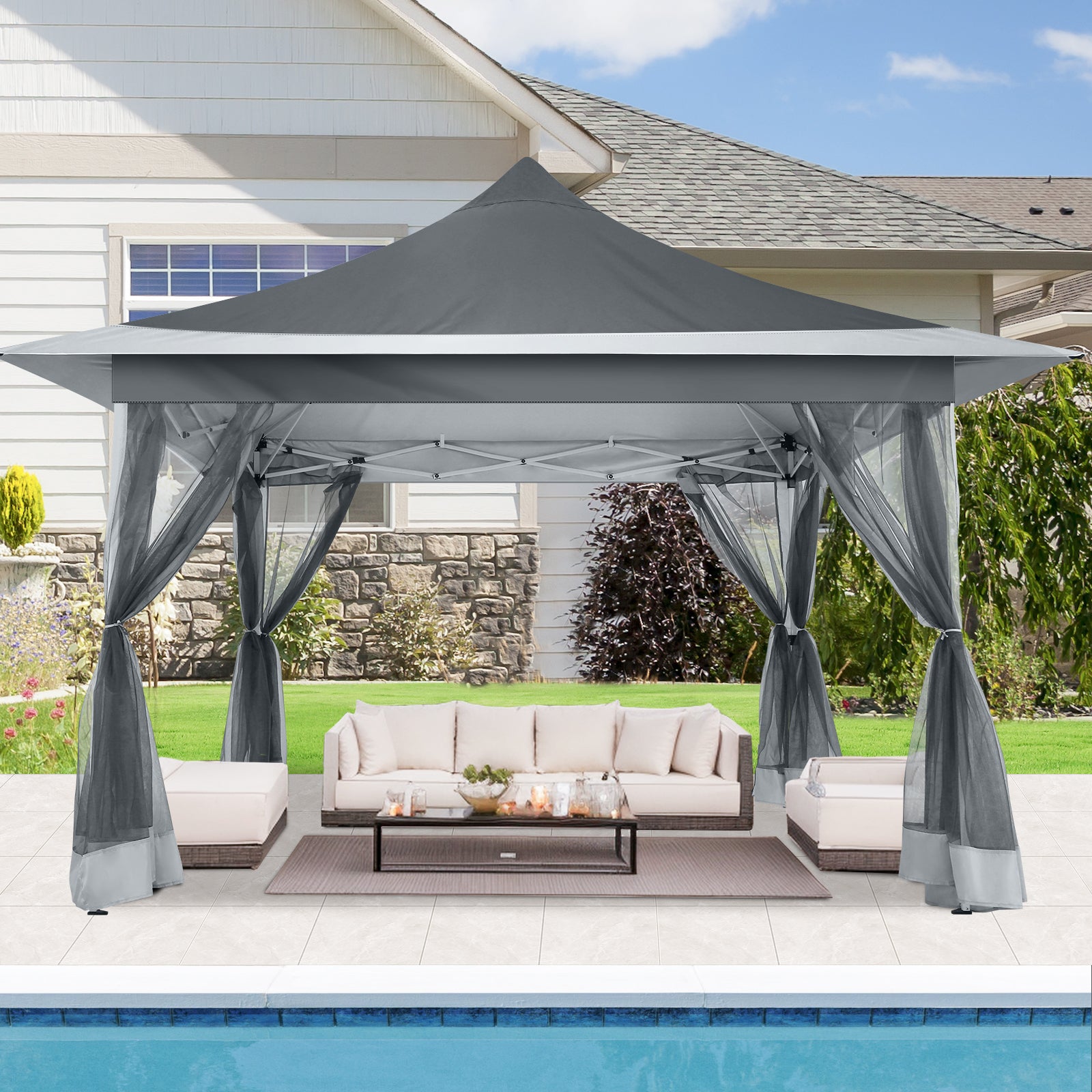 HOTEEL 12x12 EZ Pop Up Gazebo Tent with Sidewalls,Patio Gazebo Instant Shelter for Outdoor Party Camping Backyard Beach with Carry Bag,Stakes,Ropes,Khaki