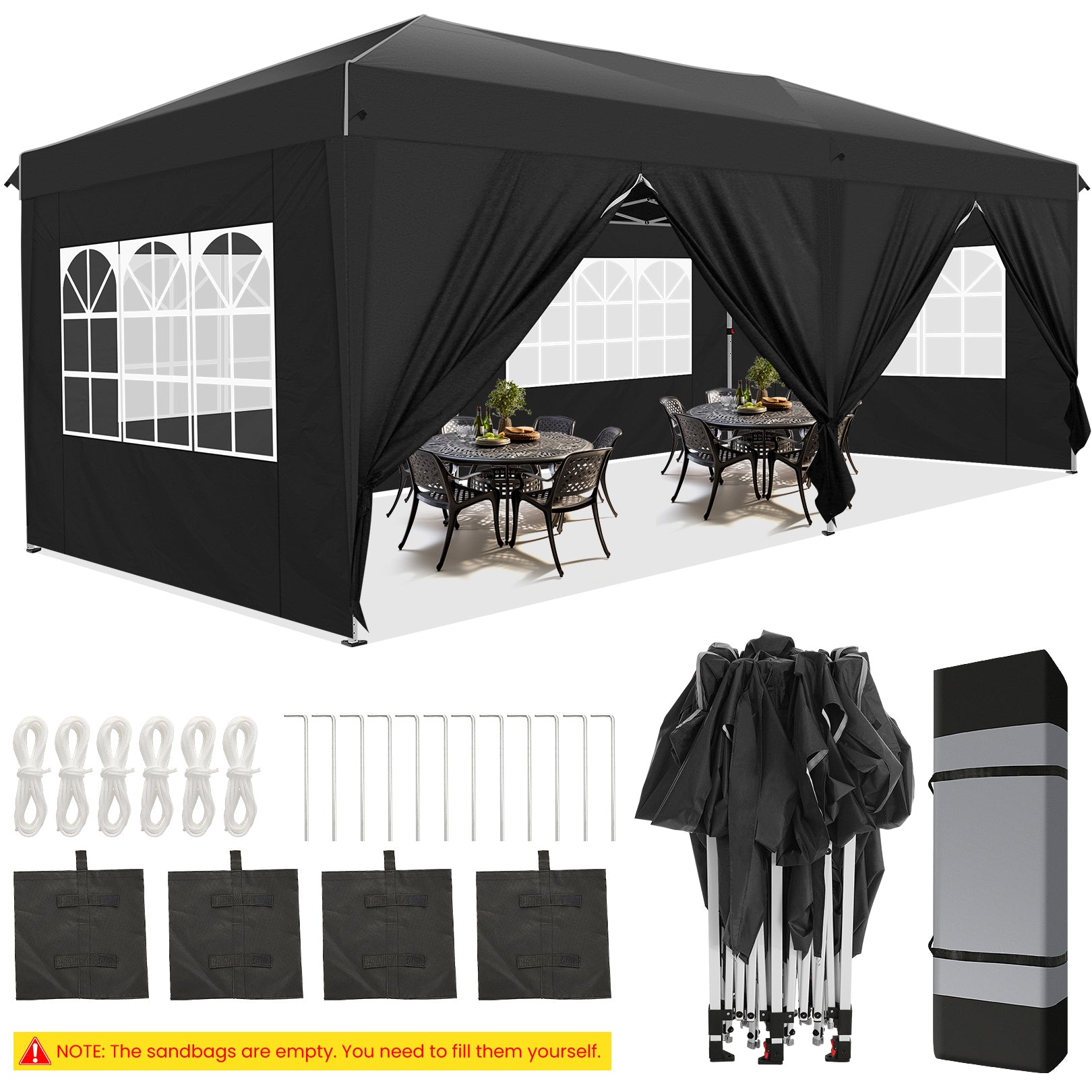 HOTEEL 10'x20' Pop Up Canopy with Sidewalls,Easy Up Canopy Tent with Carry Bag,Outdoor Canopies with 4 Sandbags,Large Tents for Outdoor Events,Wedding,Backyard,Commercial,Black