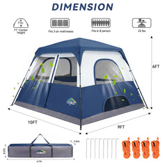 6-8 Person Camping Tent, Easy Setup Waterproof Windproof Backpacking Tent with Removable Rainfly, Lightweight Portable Outdoor Family Tents for Camping, Travel, Fishing, Hiking