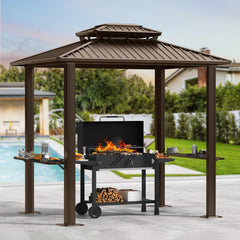 HOTEEL 6x8 FT Hardtop Grill Gazebo with Vented Double Roof, Galvanized Steel Sun & Rain Shelter, Rust-Resistant Aluminum BBQ Gazebo for Outdoor Cooking, Patio, Backyard (Dark Brown)