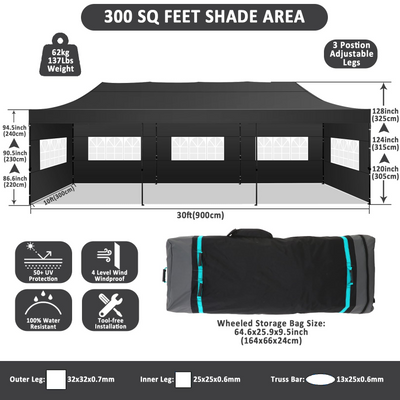 HOTEEL 10x30 Heavy Duty Canopy with 8 sidewalls, Outdoor Tents for Parties,Wedding,Commercial ,Pop Up Tent with Roller Bag,Black