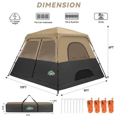 COBIZI 6-8 Person Portable  Easy Setup Camping Tent with Removable Rainfly, 10'x9' SPC000298