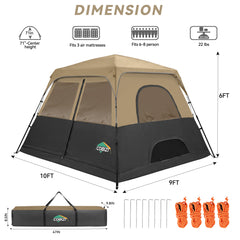 6-8 Person Camping Tent, Easy Setup Waterproof Windproof Backpacking Tent with Removable Rainfly, Lightweight Portable Outdoor Family Tents for Camping, Travel, Fishing, Hiking