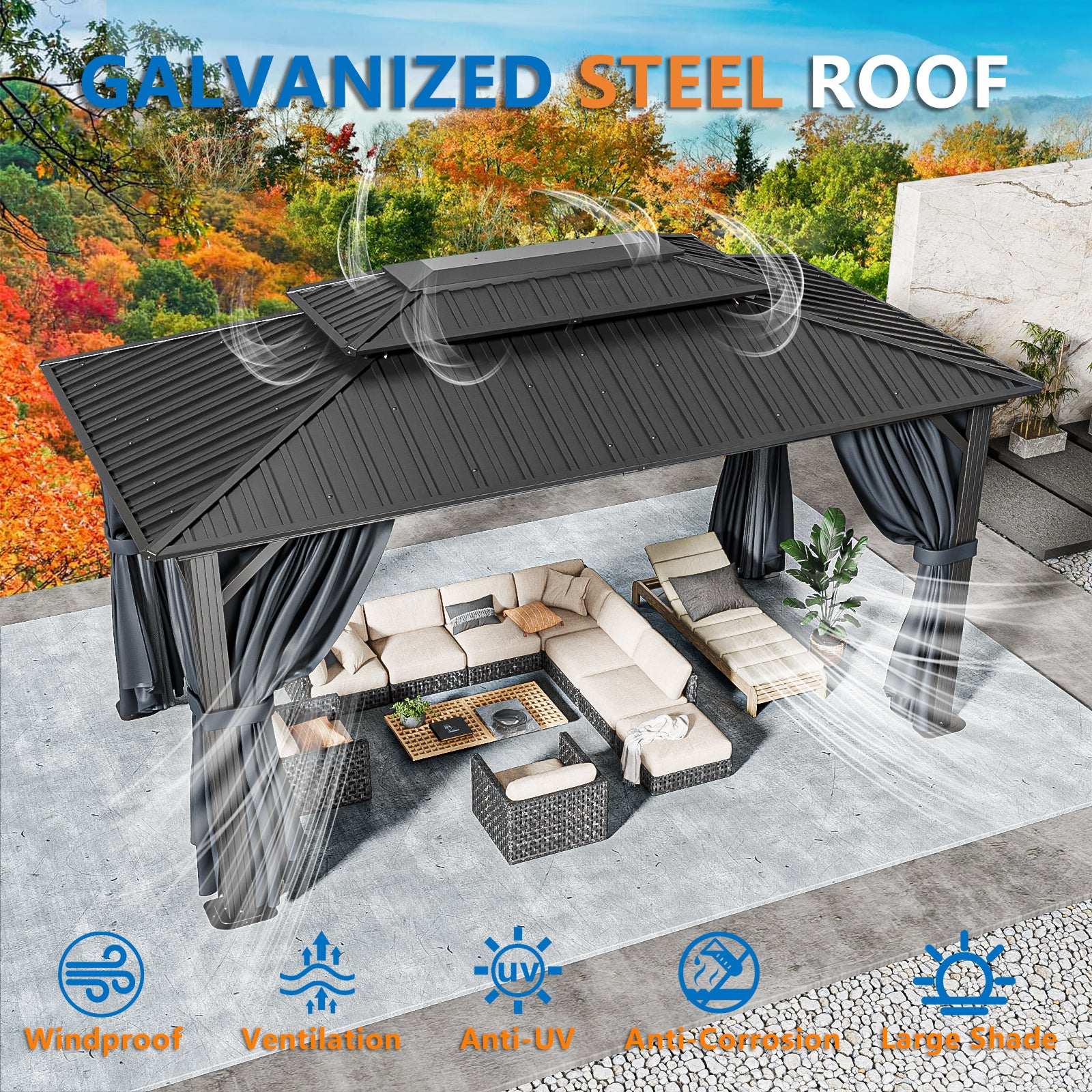 COBIZI 10'x15' Hardtop Gazebo with Heavy Duty Galvanized Steel Metal Roof, Patio Hard Top Gazebo with Curtains & Netting, Black SPC000274