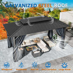 COBIZI 10'x15' Hardtop Gazebo with Heavy Duty Galvanized Steel Metal Roof, Patio Hard Top Gazebo with Curtains & Netting, Black SPC000274