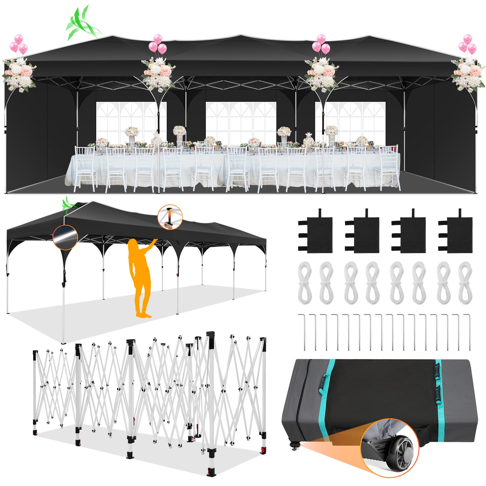 HOTEEL 10x30 Ez Up Pop Up Canopy Tent, Party Tents with One Push Central Button Air Vent, Instant Canopy Tent with Sidewalls & Reflective Strip
