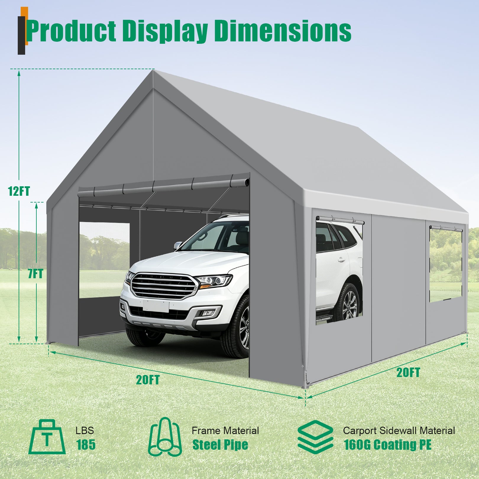 COBIZI 20'x20' Large 2 Cars  Heavy Duty Carport  Canopy, Gray