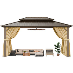 COBIZI 10'x15' Hardtop Gazebo with Heavy Duty Galvanized Steel Metal Roof, Patio Hard Top Gazebo with Curtains & Netting, Brown SPC000274