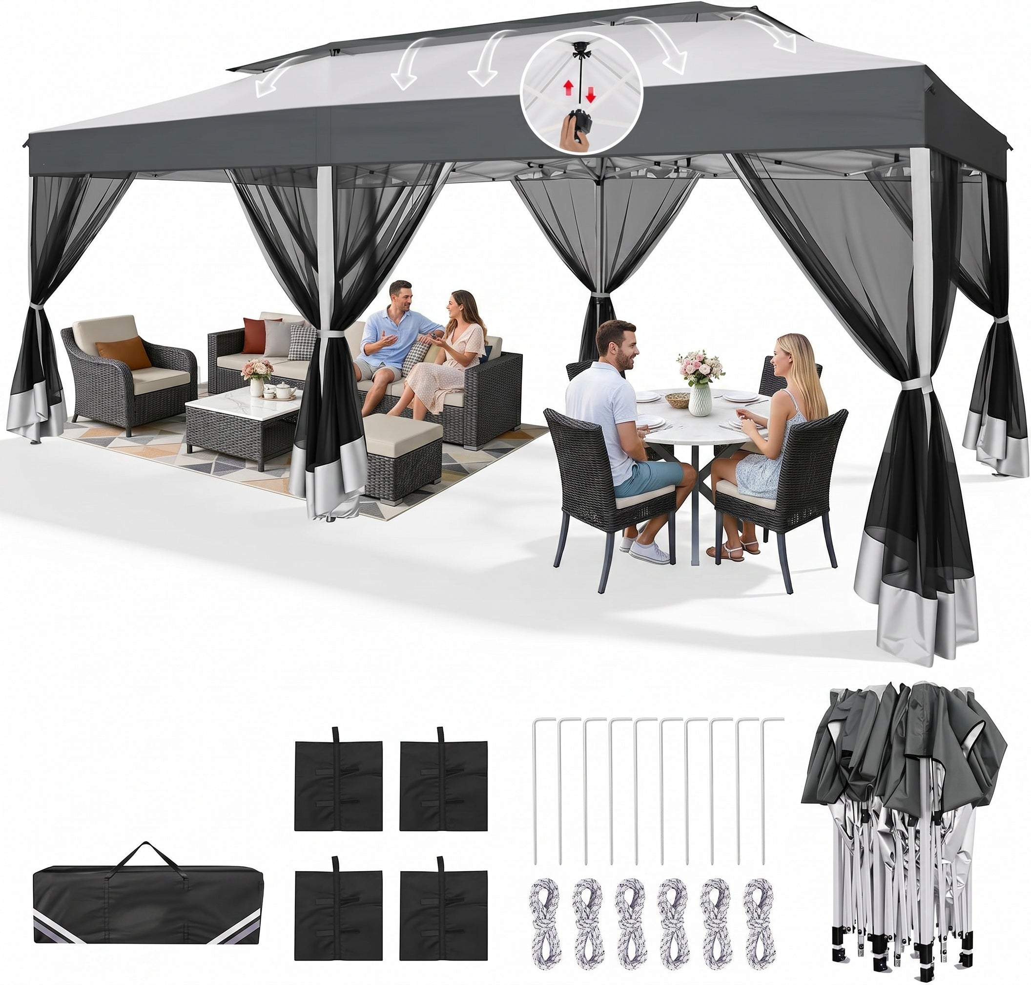 10x20 Pop Up Canopy with Mosquito Netting Sidewalls, One Push Easy Up Gazebo with Dual Vent Roof, Waterproof&UV 50+ Screen Tents for Parties, Backyard, Patio, Commercial Event