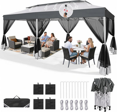 10x20 Pop Up Canopy with Mosquito Netting Sidewalls, One Push Easy Up Gazebo with Dual Vent Roof, Waterproof&UV 50+ Screen Tents for Parties, Backyard, Patio, Commercial Event