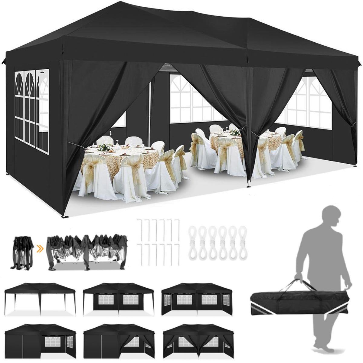 Hoteel 10x20ft Pop up Canopy, Fully Waterproof Canopy Tent with Sidewalls for Outdoor Sports, Black