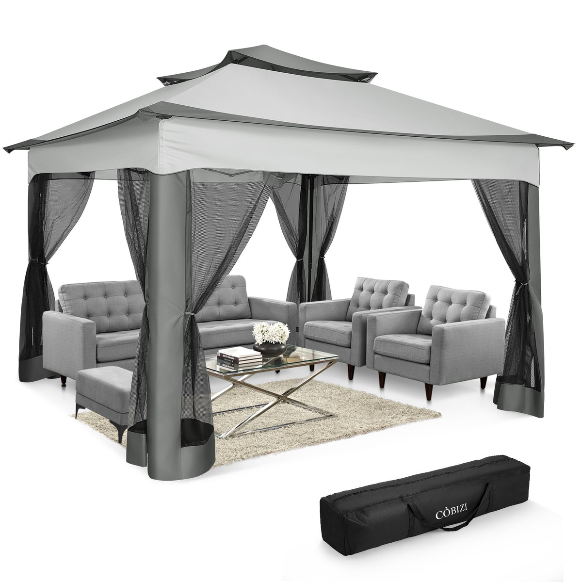 COBIZI 10'x10' Double Soft Top Gazebo Waterproof Canopy With Removable Mesh Wall SPC24