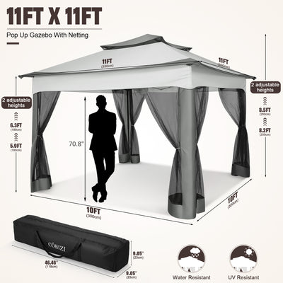 HOTEEL 12x12 Outdoor Waterproof Gazebo, Pop Up Canopy Tent with Adjustable Height, UV Protection & Mosquito Net, Ideal for Parties, Camping, Weddings, and Backyard Events,Brown