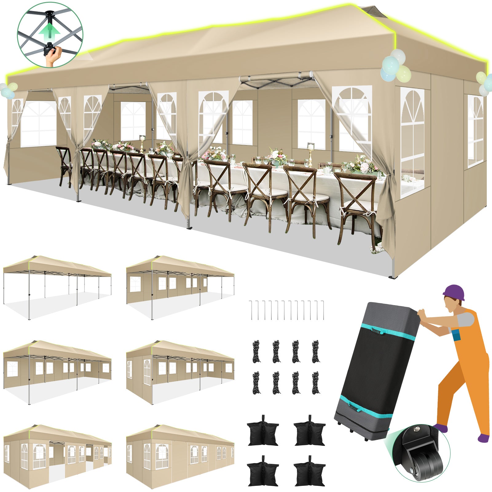 HOTEEL 10x30 EZ Pop Up Canopy, One Push Setup Glow Party Tent for Commercial, Waterproof UPF50+ Wedding Tent with Wheeled Bag & Air Vent