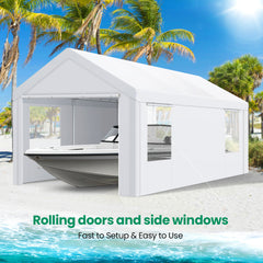 HOTEEL 10'x20' Large Heavy Duty Carport Canopy with Roll-up Windows, Portable Outdoor Garage with Removable Sidewalls Car Canopy for Car, Truck, SUV, Boat, Car Canopy with All-Season Tarp, White