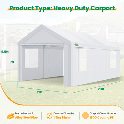 COBIZI Carport 10x20 ft Heavy Duty Car Canopy with Roll-up Windows Portable Garage with Removable Sidewalls & Door, Outdoor Canopy Carport Portable Car Tent Garage Car Canopy with Steel Frame, Gray