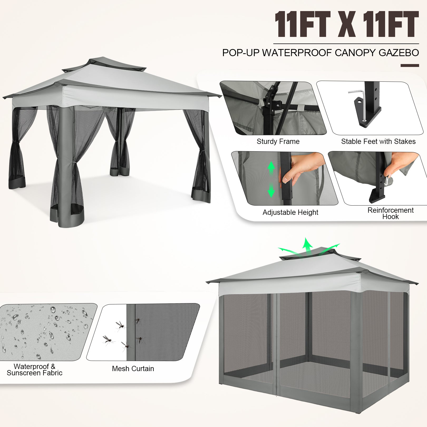HOTEEL 12x12 Outdoor Waterproof Gazebo, Pop Up Canopy Tent with Adjustable Height, UV Protection & Mosquito Net, Ideal for Parties, Camping, Weddings, and Backyard Events,Brown