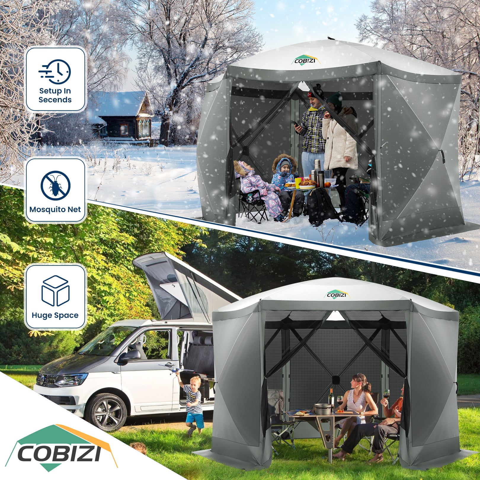 COBIZI 12'x12' Portable 6 Side Pop Up Canopy Screen House Tent, SPC44L
