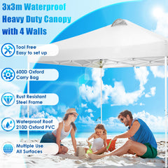 COBIZI 10' x 10' Adjustable Height Pop-up Canopy Tent Fully Waterproof Instant Outdoor Canopy Folding Shelter with 4 Removable Sidewalls, Air Vent on The Top, 4 Sandbags, Carrying Bag, White