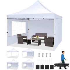HOTEEL Pop up Canopy Tent 10x10 Commercial Instant Canopy with 4 Sidewalls & Carry Bag,Portable Tent for Parties Beach Camping Party Event Shelter Sun Shade,White