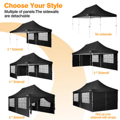 HOTEEL 10x20 Pop Up Canopy Tent with 6 Removable Sidewalls,Easy Up Commercial Canopy with Upgrade Raised Roof,Waterproof and UV50+ Gazebo with Carry Bag,Black