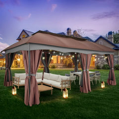 HOTEEL Gazebo 12x20 Heavy Duty Patio Gazebo with Mosquito Netting Deck Gazebo with Metal Steel Frame Large Screen Gazebo Tent Waterproof with Double Roof for Party, Backyard, Deck, Garden, Brown