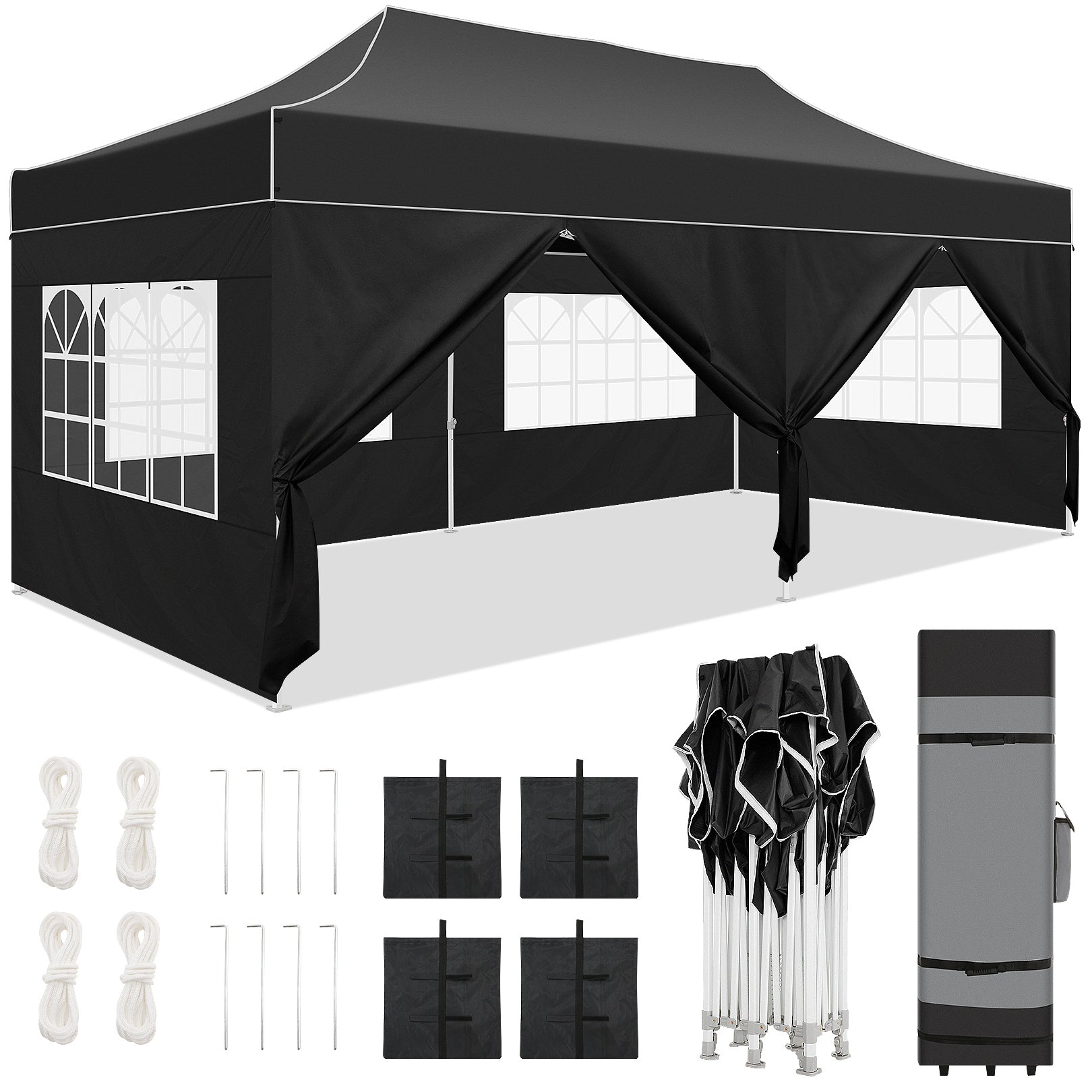 HOTEEL Tents for Parties, 10x20 Pop Up Canopy Tent Heavy Duty with 6 Sidewalls, Commercial Outdoor Canopy Tents for Event Wedding, All Season UV 50+& Waterproof with Roller Bag, Thickened Legs, Black