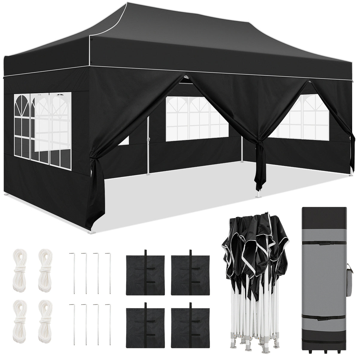 HOTEEL Tents for Parties, 10x20 Pop Up Canopy Tent Heavy Duty with 6 Sidewalls, Commercial Outdoor Canopy Tents for Event Wedding, All Season UV 50+& Waterproof with Roller Bag, Thickened Legs, Black