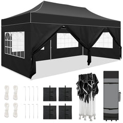 HOTEEL Tents for Parties, 10x20 Pop Up Canopy Tent Heavy Duty with 6 Sidewalls, Commercial Outdoor Canopy Tents for Event Wedding, All Season UV 50+& Waterproof with Roller Bag, Thickened Legs, Black