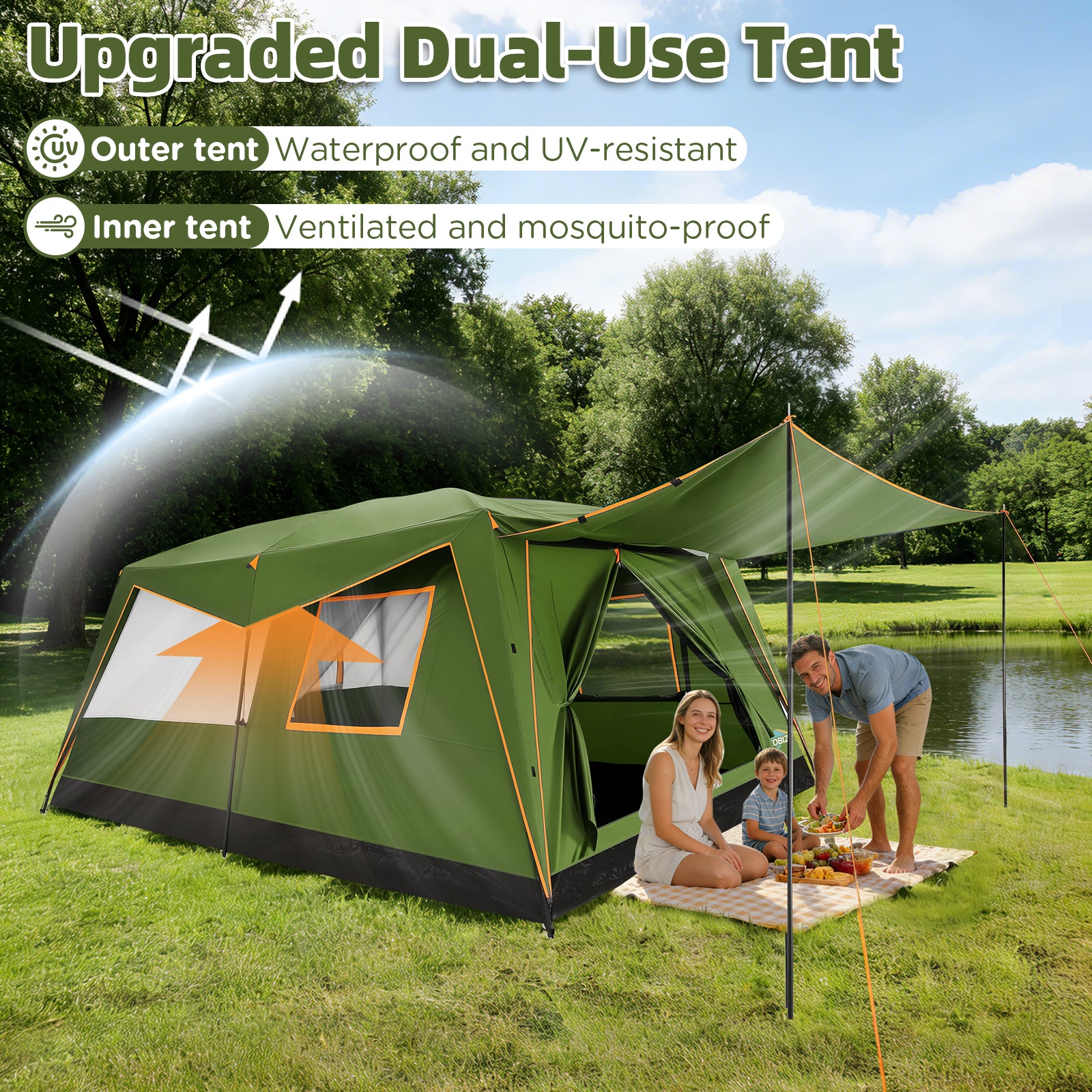 COBIZI 10 Person Large  2 Room Camping Tent With Removable Awning , 3 Minutes Instant Setup SPC269