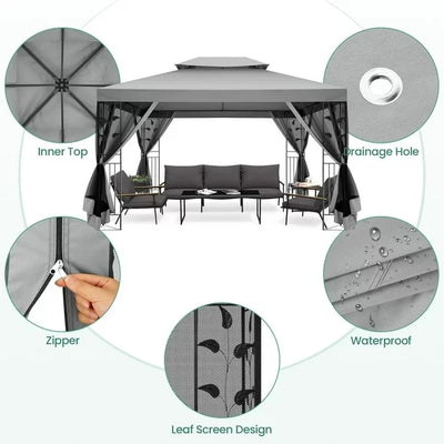 COBIZI 10' x 13' Pop Up Gazebo, Outdoor Steel Double Roof Canopy, Metal Frame Pavilion with Mosquito Netting, Sunshade for Garden, Patio, Lawns, Gray